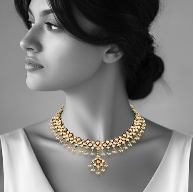 Polki Necklace with Red Enamel and Pearl Bead Clusters